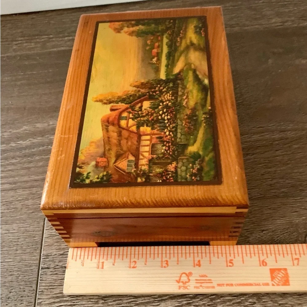 Vintage cedar wood box with picture of English cottage
